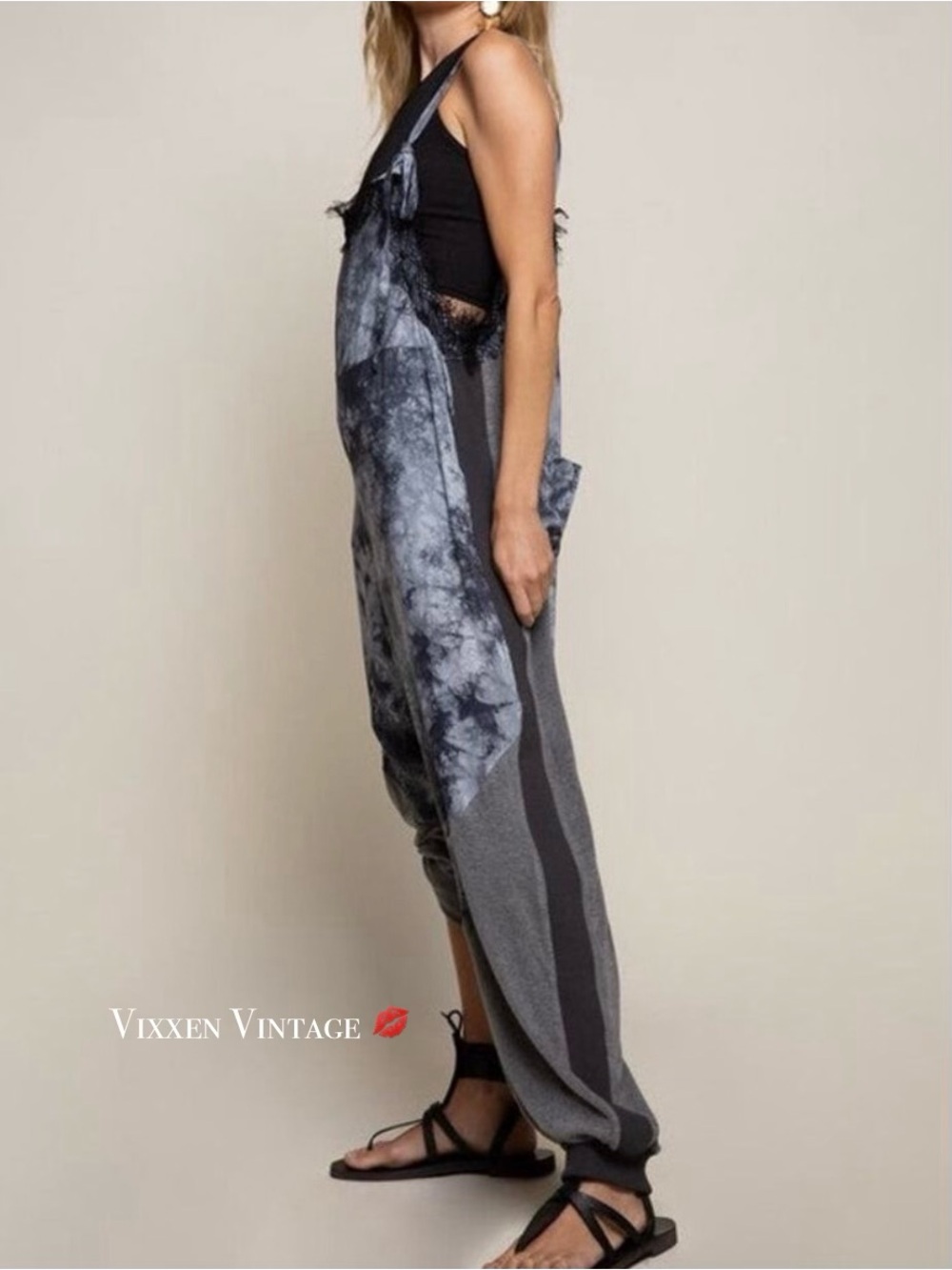 POL TIE DYE CONTRAST LACE 'CITY CHIC JUMPSUIT' IN GREY/BLACK
